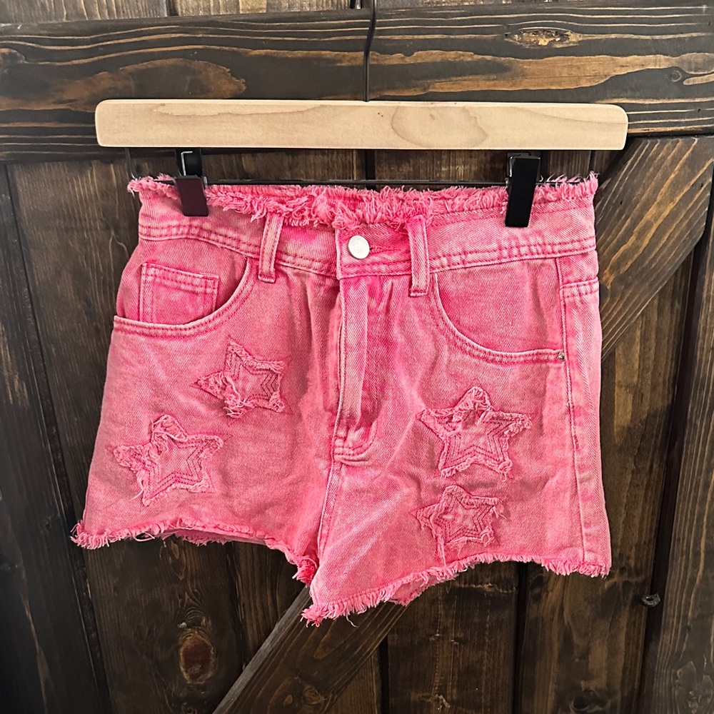 SHEIN Pink Jean Shorts with Star Patches